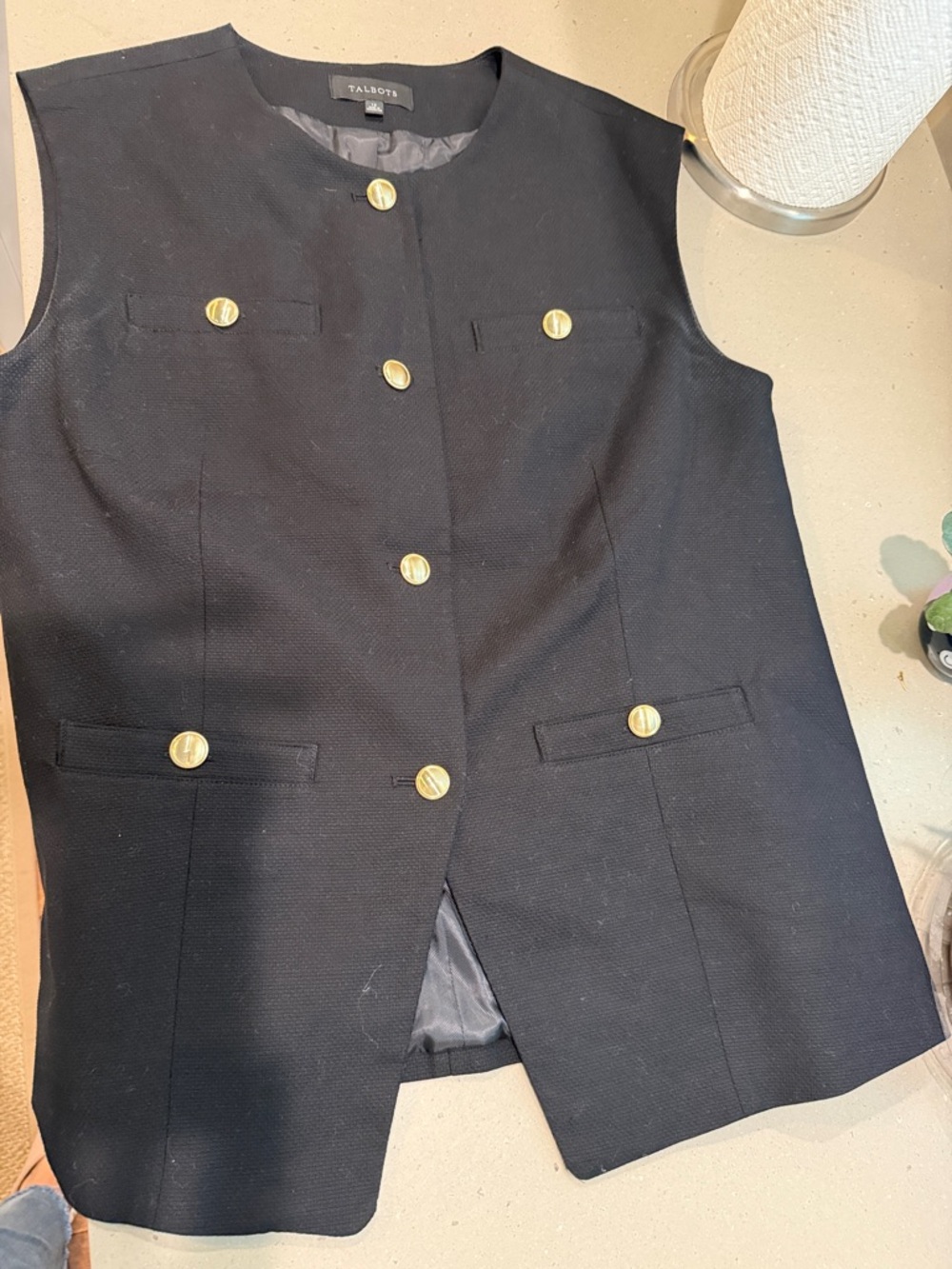 Talbots Black Sleeveless Textured Vest with Gold Buttons